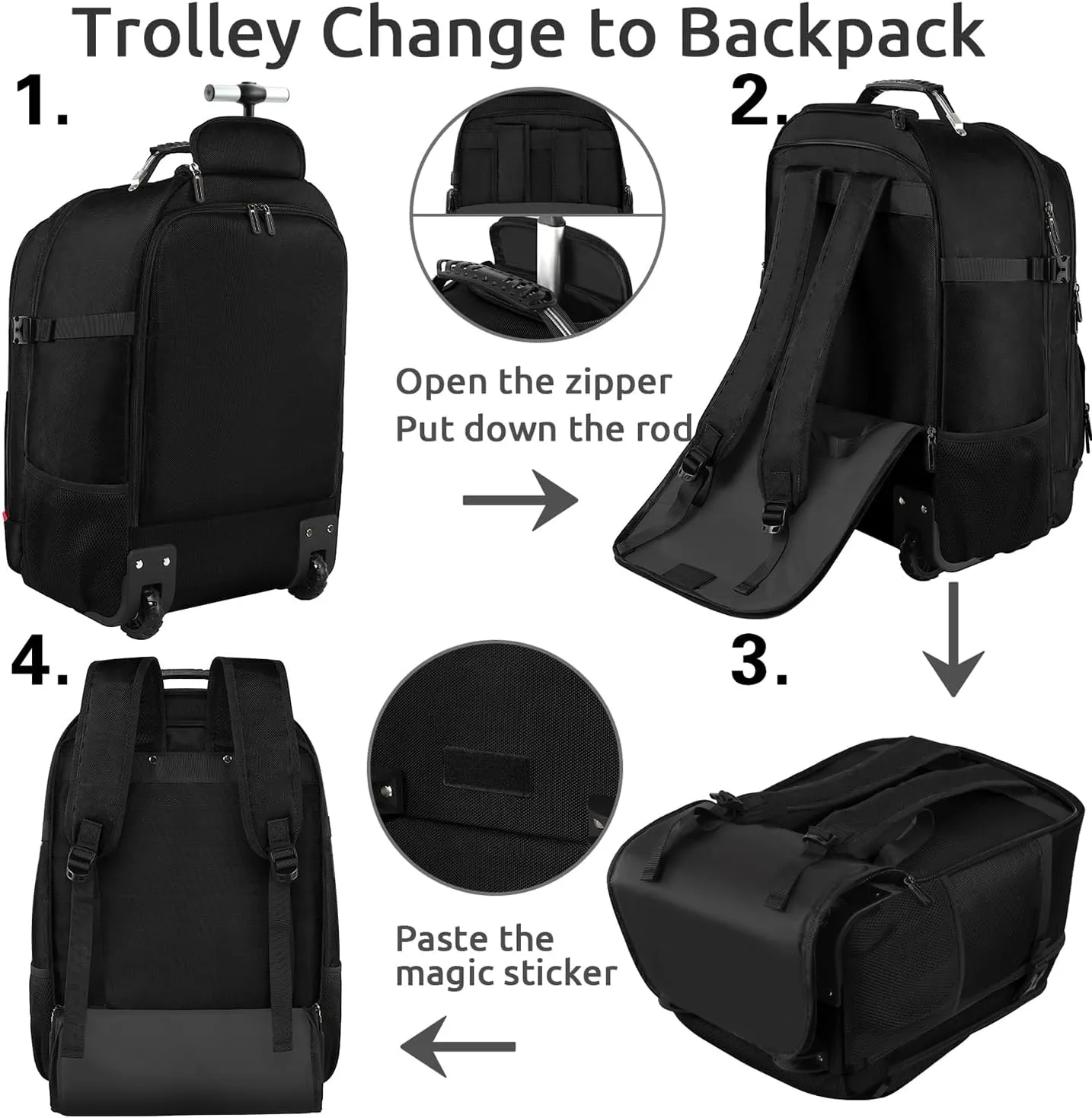 ZOMFELT Rolling Backpack, Travel Backpack with Wheels, Carry on Backpacks with 3 Packing Cubes, 17.3 Inch Wheeled Laptop Backpack for Men Women Adults to Travel Work Business Black