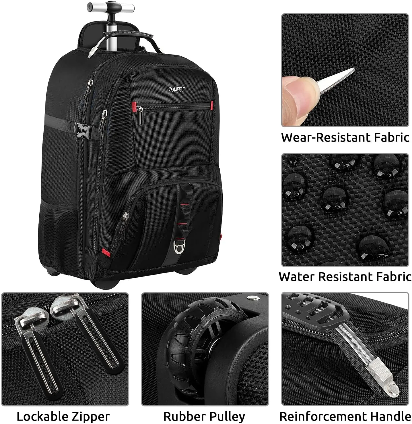 ZOMFELT Rolling Backpack, Travel Backpack with Wheels, Carry on Backpacks with 3 Packing Cubes, 17.3 Inch Wheeled Laptop Backpack for Men Women Adults to Travel Work Business Black
