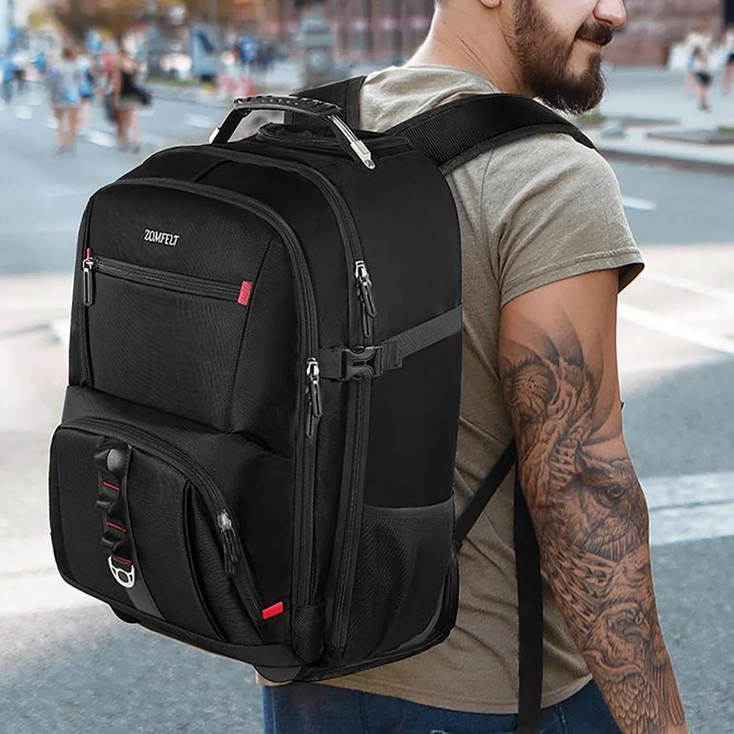 ZOMFELT Rolling Backpack, Travel Backpack with Wheels, Carry on Backpacks with 3 Packing Cubes, 17.3 Inch Wheeled Laptop Backpack for Men Women Adults to Travel Work Business Black