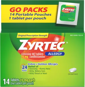 Zyrtec 24 Hour Allergy Relief Tablets, Allergy Medicine with 10 mg Cetirizine HCl per Antihistamine Tablet for Allergies, On-The-Go Relief, Individual Travel Pouches, 14 ct, (14 x 1 ct)