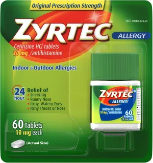 Zyrtec 24 Hour Allergy Relief Tablets, Antihistamine Indoor & Outdoor Medicine with 10 mg Cetirizine HCl, 60 ct (Pack of 5)