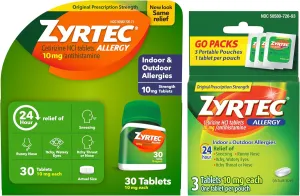 Zyrtec 24 Hour Allergy Relief Tablets, Indoor & Outdoor Allergy Medicine with 10 mg Cetirizine HCl Antihistamine for Allergies, Bundle of one, 30 ct Bottle & Three,1 ct Travel Packs
