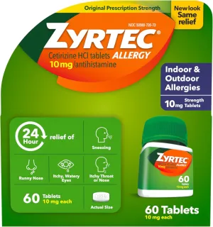 Zyrtec 24 Hour Allergy Relief Tablets, Indoor & Outdoor Allergy Medicine with 10 mg Cetirizine HCl per Antihistamine Tablet, Relief of Allergies, 60 count.
