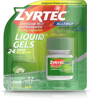Zyrtec 24 Hour Indoor & Outdoor Allergy Liquid Gels, Antihistamine Capsules with Cetirizine Hydrochloride for All-Day Allergy Relief, 12 ct ( Pack of 2)