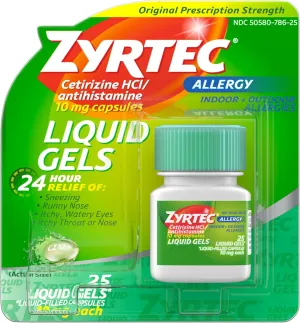 Zyrtec 24 HR Indoor/Outdoor Allergy Relief Liquid Gels Capsules, Cetirizine HCI Antihistamine, 25 ct