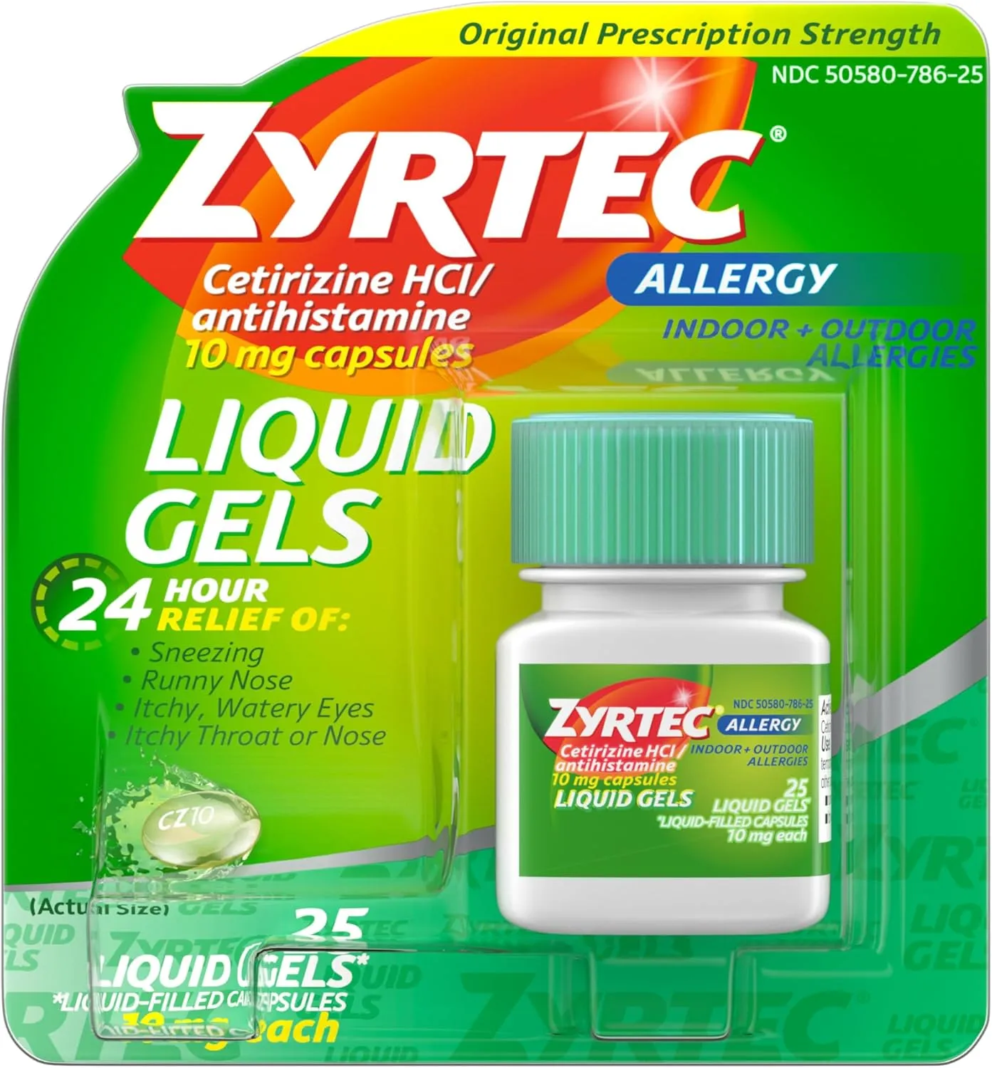 Zyrtec 24 HR Indoor/Outdoor Allergy Relief Liquid Gels Capsules, Cetirizine HCI Antihistamine, 25 ct